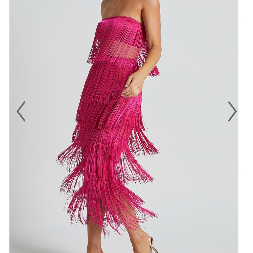 AMALEE TWO PIECE SET - FRINGE STRAPLESS CROP TOP AND MIDI SKIRT SET IN PINK